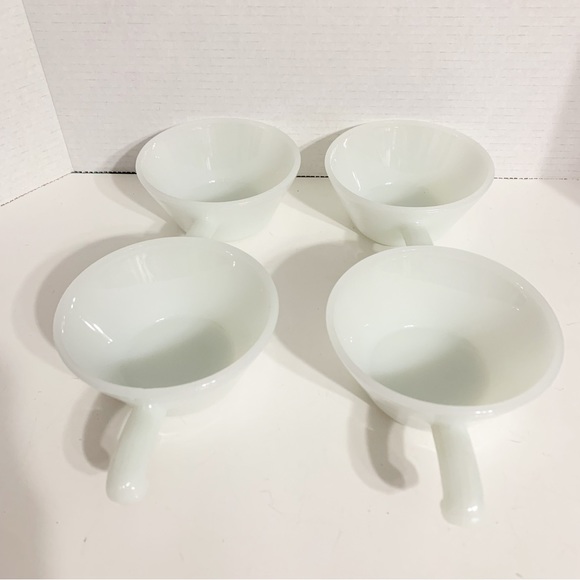 Vintage Fire King Set of Four White Milk Glass Bowls w Handles Cereal Soup Chili - Picture 2 of 7
